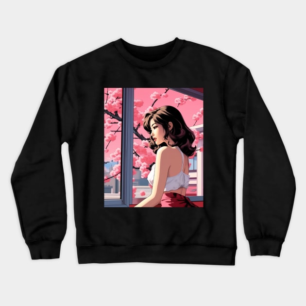 Japanese Girl Enjoying Cherry Blossom - Anime Drawing Crewneck Sweatshirt by AnimeVision